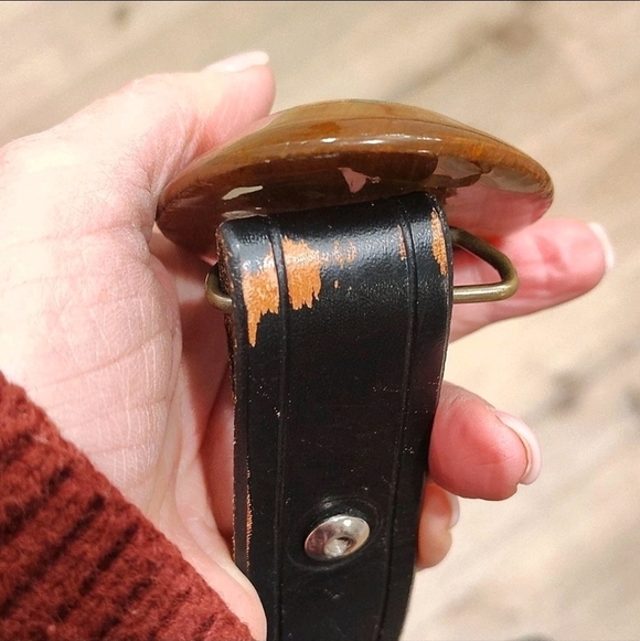 Abstract Wood & Turquoise inlay Stone Buckle Black Leather Belt Turquoise Stitch